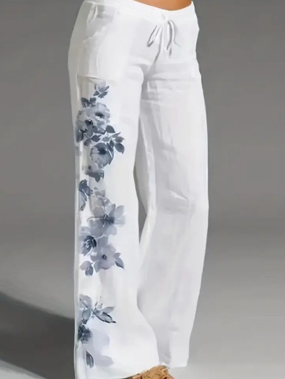 White Linen Wide-Leg Pants with Blue Floral Print